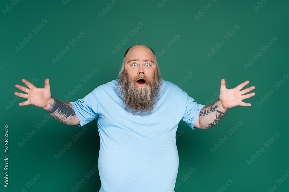 astonished bearded man with open mouth showing wow gesture isolated on green. astonished bearded man with open mouth showing wow gesture isolated on green.