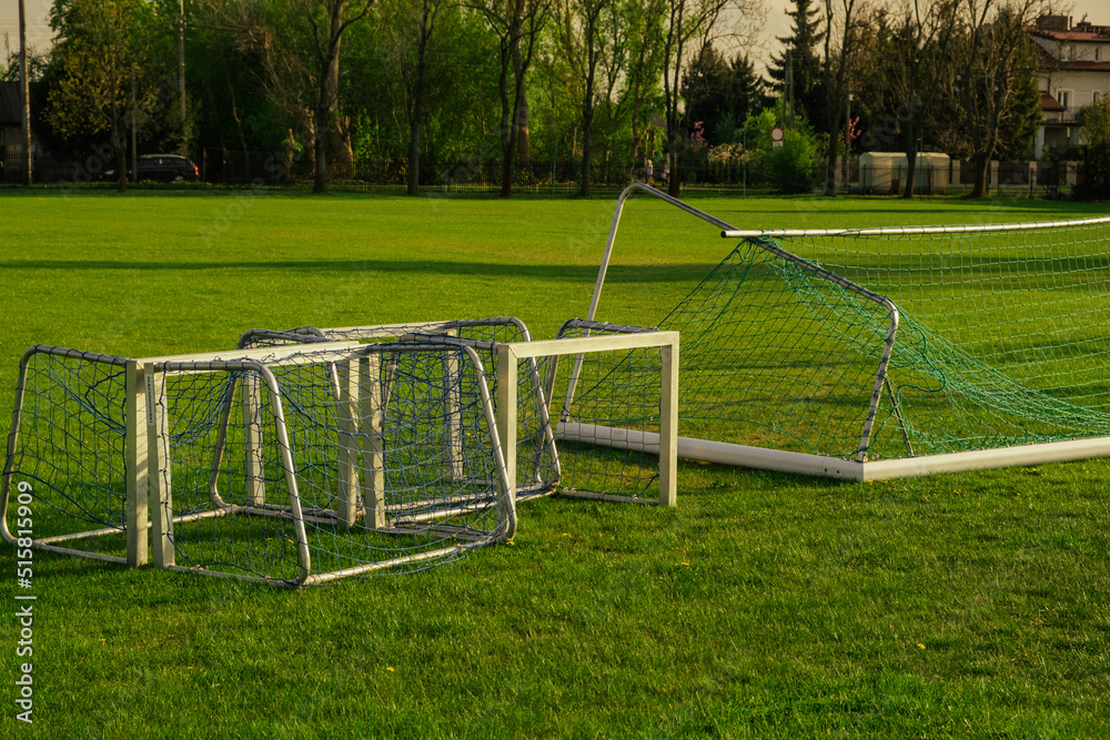 Football field and football goal. Lots of soccer goals. The game.