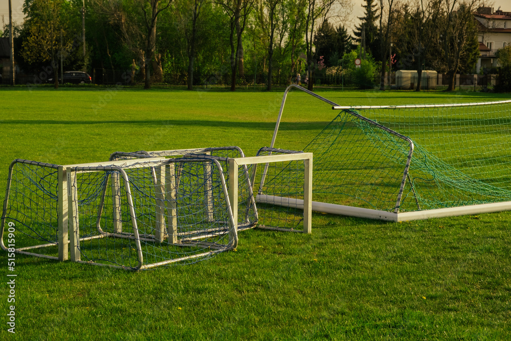 Football field and football goal. Lots of soccer goals. The game. Football field and football goal. Lots of soccer goals. The game.