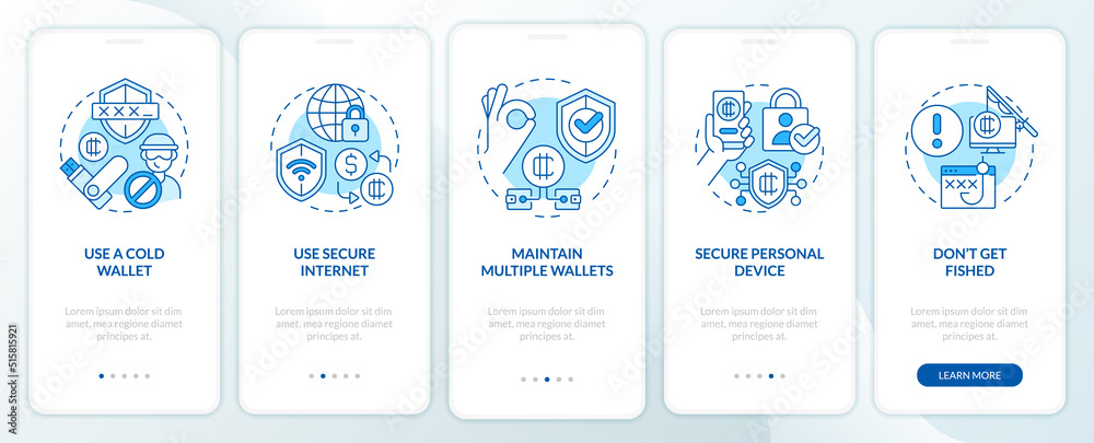 Crypto wallet security blue onboarding mobile app screen. Safety walkthrough 5 steps editable graphic instructions with linear concepts. UI, UX, GUI template. Myriad Pro-Bold, Regular fonts used Crypto wallet security blue onboarding mobile app screen. Safety walkthrough 5 steps editable graphic instructions with linear concepts. UI, UX, GUI template. Myriad Pro-Bold, Regular fonts used
