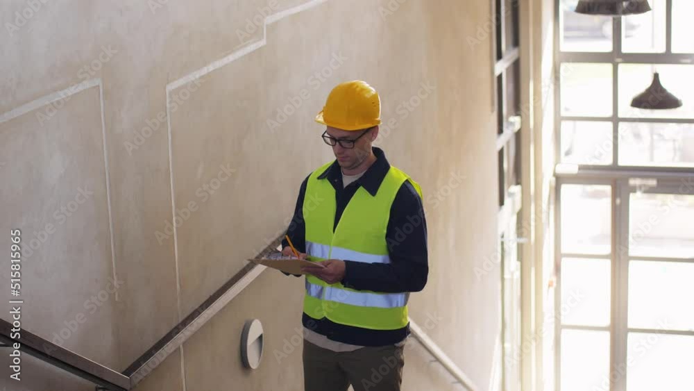 architecture, construction and building concept - male builder in helmet and safety west with clipboard on stairs
