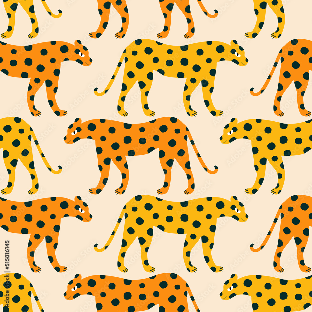 African leopards hand drawn vector illustration. Colorful safari animal seamless pattern for kids fabric or wallpaper.