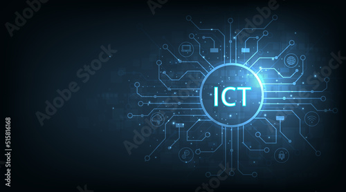  Information and communication technology(ICT)concept.Information and communication technology on dark blue background.Wireless communication network. Intelligent system automation. 