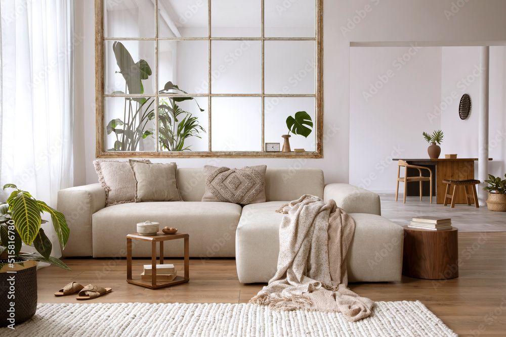 Modern open space interior with design modular sofa, furniture
