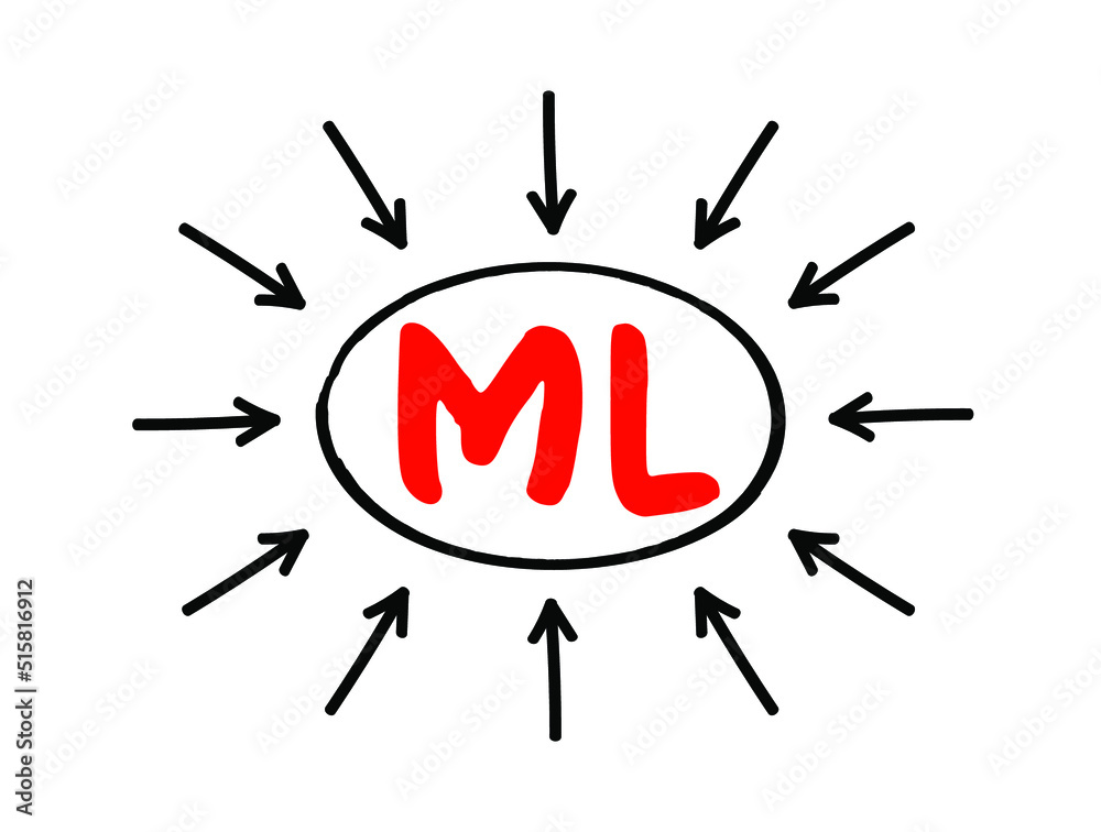 ML Machine Learning - study of computer algorithms that can improve automatically through experience and by the use of data, acronym text with arrows ML Machine Learning - study of computer algorithms that can improve automatically through experience and by the use of data, acronym text with arrows