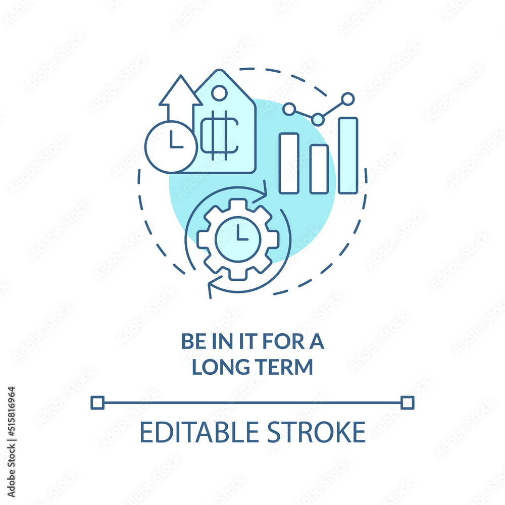 Be in it for long term turquoise concept icon. Investment Cryptocurrency tip abstract idea thin line illustration. Isolated outline drawing. Editable stroke. Arial, Myriad Pro-Bold fonts used