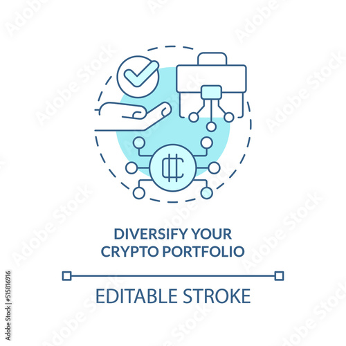Diversify your crypto portfolio turquoise concept icon. Cryptocurrency advice abstract idea thin line illustration. Isolated outline drawing. Editable stroke. Arial, Myriad Pro-Bold fonts used
