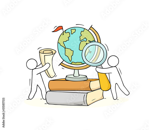 Doodle people, world globe map and books