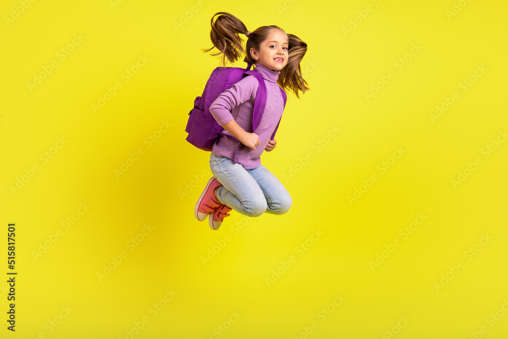 Full body photo of lovely schoolkid jump high buy new rucksack discount bargain isolated bright color background