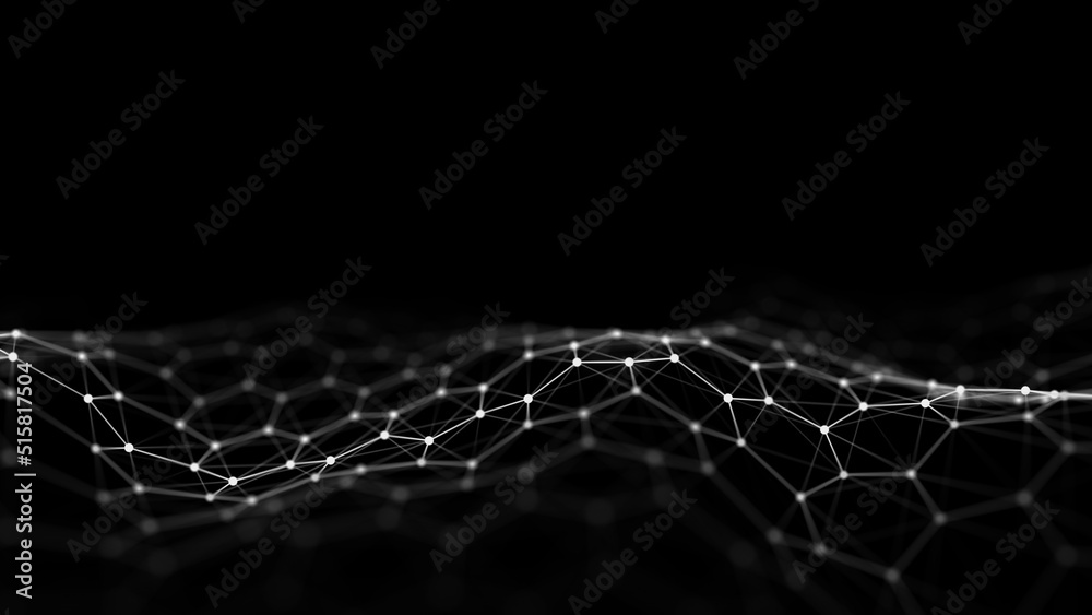 Naklejka premium Abstract dark futuristic hexagon wave with moving dots. Flow of particles. Technology illustration. 3d rendering