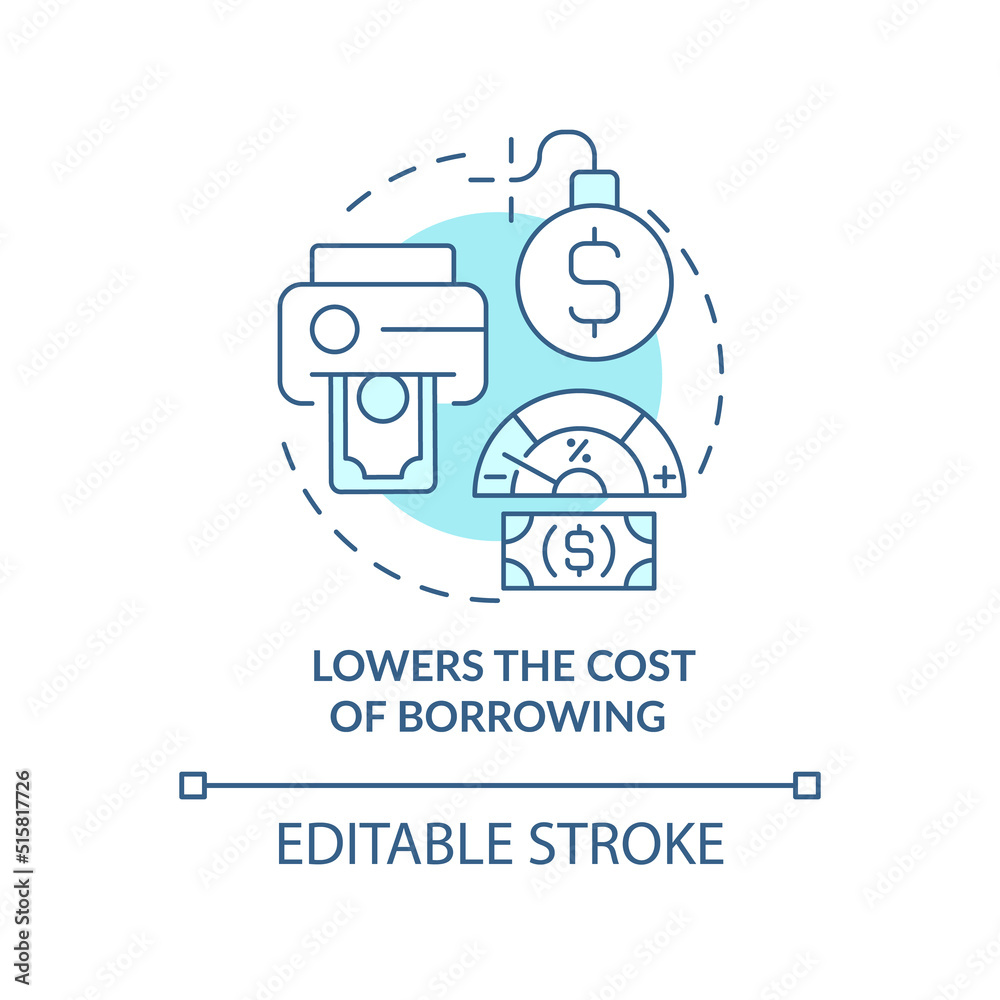 Lowers cost of borrowing turquoise concept icon. Low interest rate. Inflation effect abstract idea thin line illustration. Isolated outline drawing. Editable stroke. Arial, Myriad Pro-Bold fonts used Lowers cost of borrowing turquoise concept icon. Low interest rate. Inflation effect abstract idea thin line illustration. Isolated outline drawing. Editable stroke. Arial, Myriad Pro-Bold fonts used