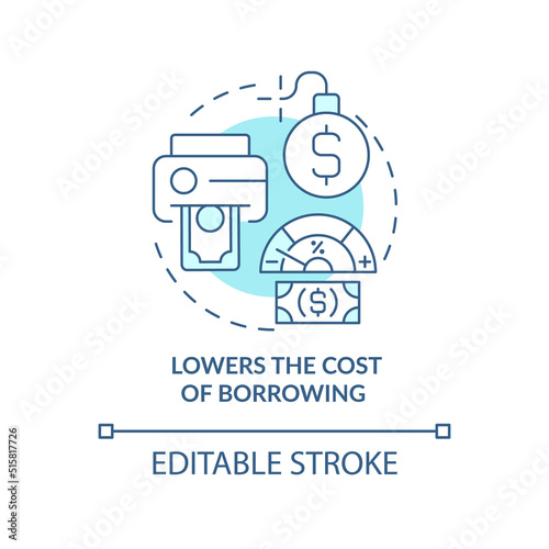 Lowers cost of borrowing turquoise concept icon. Low interest rate. Inflation effect abstract idea thin line illustration. Isolated outline drawing. Editable stroke. Arial, Myriad Pro-Bold fonts used