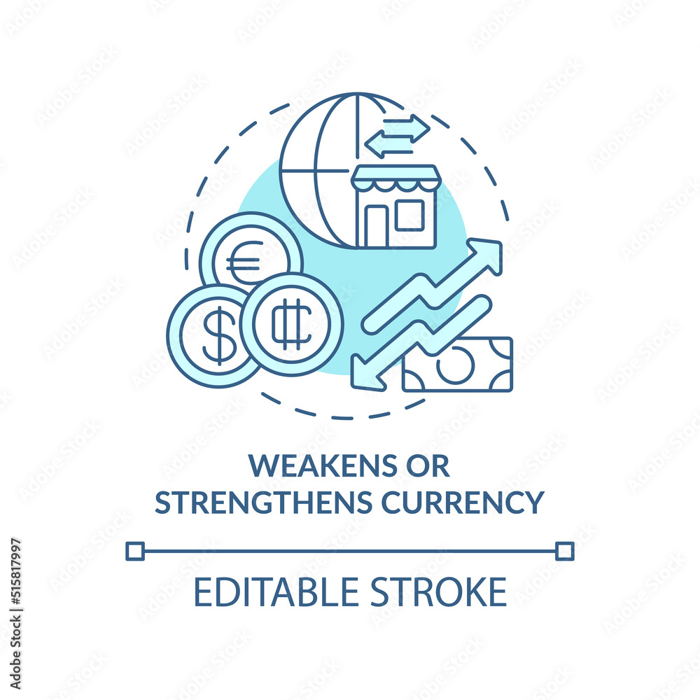 Weakens and strengthens currency turquoise concept icon. Effect of inflation abstract idea thin line illustration. Isolated outline drawing. Editable stroke. Arial, Myriad Pro-Bold fonts used