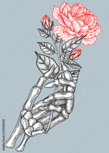 Vector illustration of a skeleton hand holding a rose flower in engraving style
