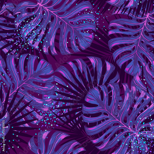 Luxury Seamless pattern with fluorescent tropic leaves on dark background. Vector illustration. Summer background