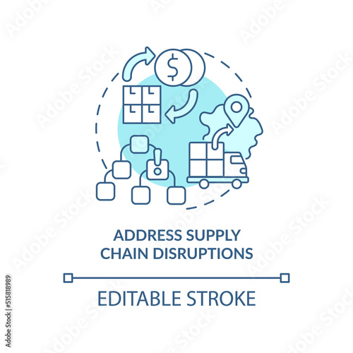 Address supply chain disruptions turquoise concept icon. Inflation in business abstract idea thin line illustration. Isolated outline drawing. Editable stroke. Arial, Myriad Pro-Bold fonts used