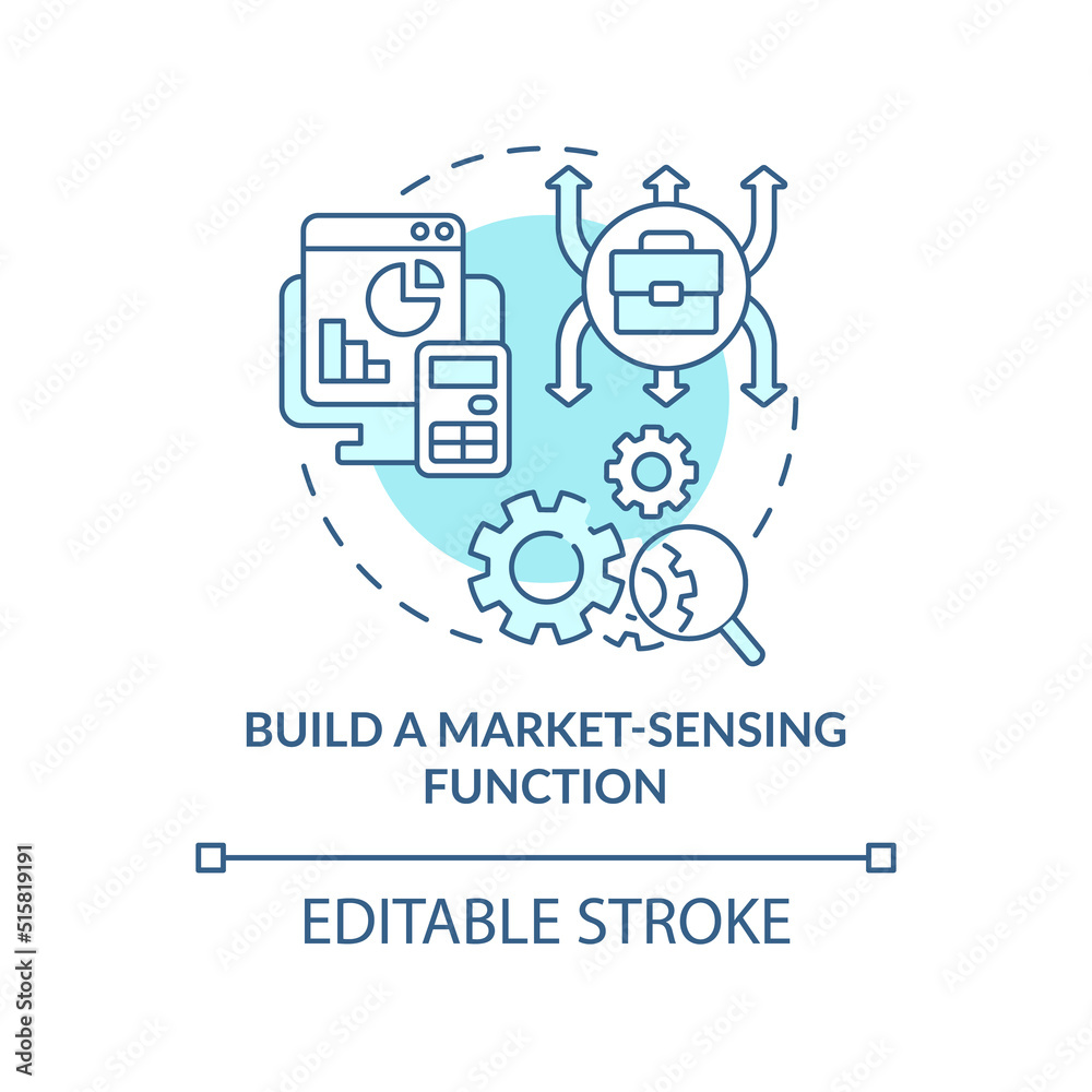 Build market sensing function turquoise concept icon. Inflation in business abstract idea thin line illustration. Isolated outline drawing. Editable stroke. Arial, Myriad Pro-Bold fonts used
