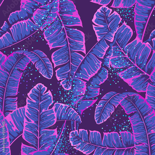 Luxury Seamless pattern with fluorescent tropic leaves on dark background. Vector illustration. Summer background