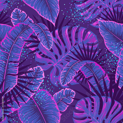 Luxury Seamless pattern with fluorescent tropic leaves on dark background. Vector illustration. Summer background