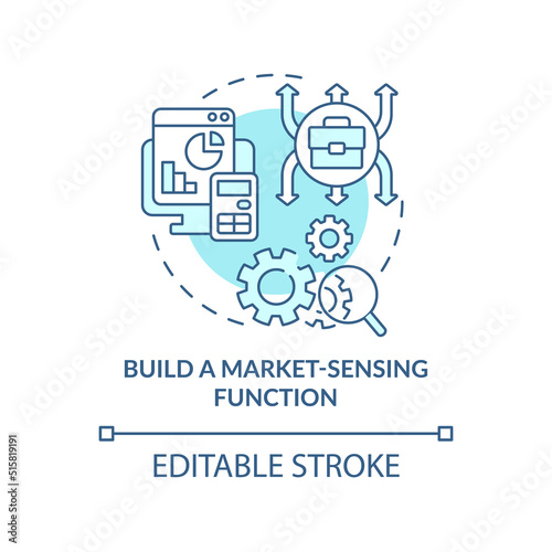 Build market sensing function turquoise concept icon. Inflation in business abstract idea thin line illustration. Isolated outline drawing. Editable stroke. Arial, Myriad Pro-Bold fonts used