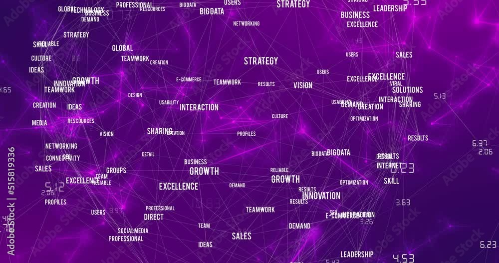 Animation of network of connections with texts over purple background Animation of network of connections with texts over purple background