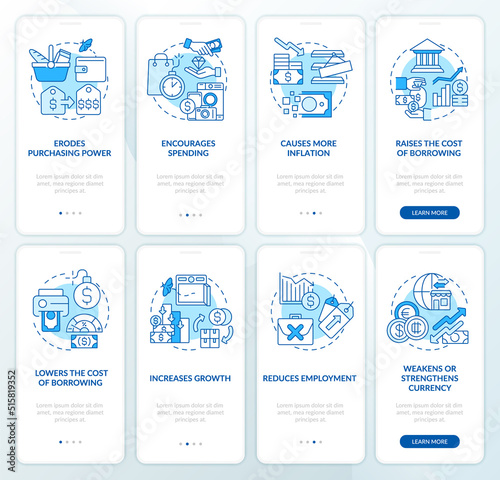 Inflation consequences blue onboarding mobile app screen set. Walkthrough 4 steps editable graphic instructions with linear concepts. UI, UX, GUI template. Myriad Pro-Bold, Regular fonts used