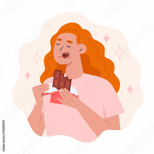 World chocolate day, a young woman eating a bar of chocolate