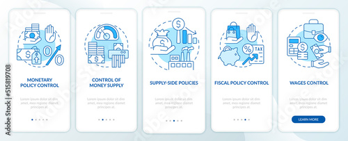 Controlling inflation blue onboarding mobile app screen. Walkthrough 5 steps editable graphic instructions with linear concepts. UI, UX, GUI template. Myriad Pro-Bold, Regular fonts used