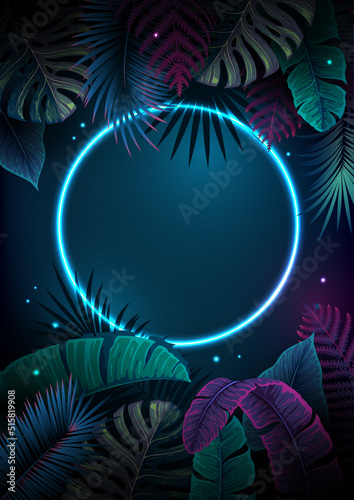 Summer background with neon frame and  fluorescent tropic leaves. Nature concept. Vector illustration