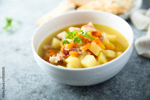 Homemade pea soup with smoked bacon