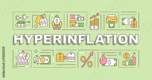Hyperinflation word concepts blue banner. Economic turmoil. Infographics with editable icons on color background. Isolated typography. Vector illustration with text. Arial-Black font used