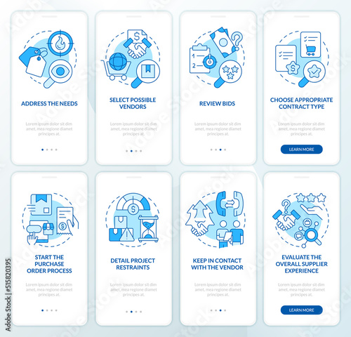 Preparing procurement plan blue onboarding mobile app screen set. Walkthrough 4 steps editable graphic instructions with linear concepts. UI, UX, GUI template. Myriad Pro-Bold, Regular fonts used
