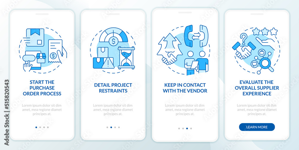 Steps in purchasing process blue onboarding mobile app screen. Walkthrough 4 steps editable graphic instructions with linear concepts. UI, UX, GUI template. Myriad Pro-Bold, Regular fonts used Steps in purchasing process blue onboarding mobile app screen. Walkthrough 4 steps editable graphic instructions with linear concepts. UI, UX, GUI template. Myriad Pro-Bold, Regular fonts used