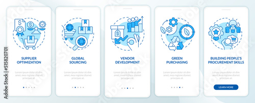 Effective procurement strategies blue onboarding mobile app screen. Walkthrough 5 steps editable graphic instructions with linear concepts. UI, UX, GUI template. Myriad Pro-Bold, Regular fonts used