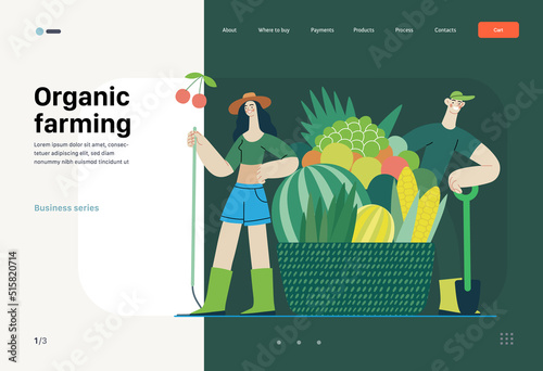Ecology - Organic farming -Modern flat vector concept illustration of ecology metaphor, a man and a woman with harvest in the basket. Creative landing web page template
