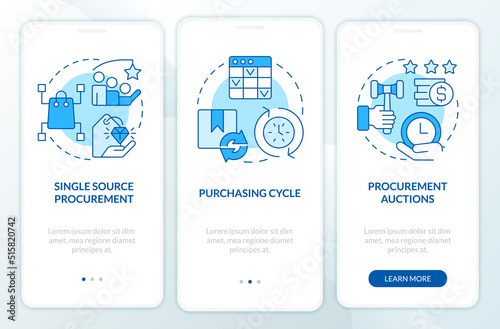 Examples of procurement process blue onboarding mobile app screen. Walkthrough 3 steps editable graphic instructions with linear concepts. UI, UX, GUI template. Myriad Pro-Bold, Regular fonts used