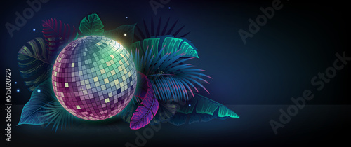 Disco ball illustration with fluorescent tropic leaves. Nature concept. Summer party poster. Vector illustration
