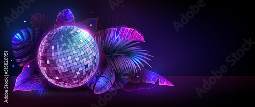 Disco ball illustration with fluorescent tropic leaves. Nature concept. Summer party poster. Vector illustration