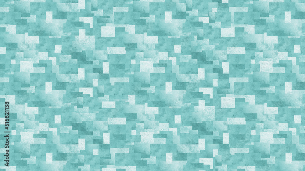 Blue green geometric abstract pattern. Random light and dark teal color squares and rectangles. Background with space for design.  Web banner. Chaotic. Mosaic.