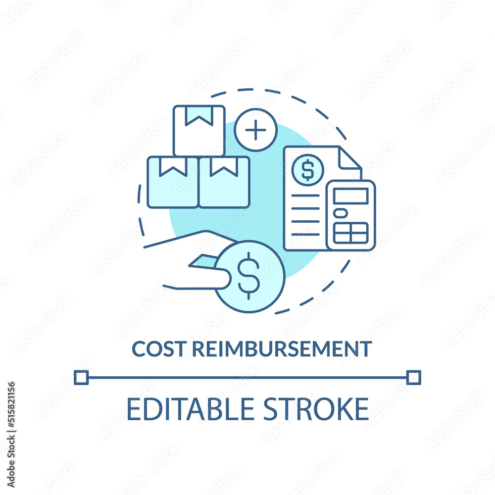 Cost reimbursement turquoise concept icon. Type of contract abstract idea thin line illustration. Profit percentage. Isolated outline drawing. Editable stroke. Arial, Myriad Pro-Bold fonts used