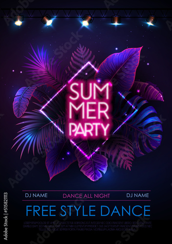 Summer party typography poster with fluorescent tropic leaves and spot light. Nature concept. Summer background. Vector illustration
