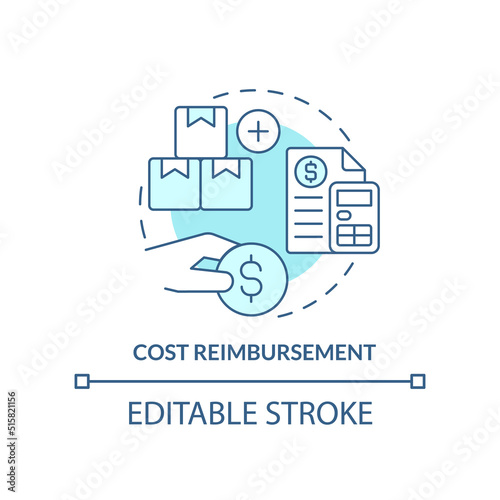 Cost reimbursement turquoise concept icon. Type of contract abstract idea thin line illustration. Profit percentage. Isolated outline drawing. Editable stroke. Arial, Myriad Pro-Bold fonts used