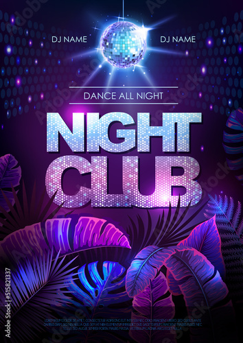 Summer disco party typography poster with fluorescent tropic leaves. Nature concept. Summer background. Vector illustration