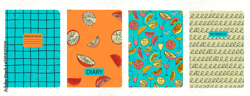 Set of cover page templates with tangerine, orange, cocktail, smoothie, juice, citrus slices. Based on seamless patterns. Headers isolated and replaceable. For notebooks, notepads, diaries, etc