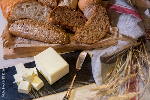 Cut freshly baked whole grain rye bread, homemade baked goods