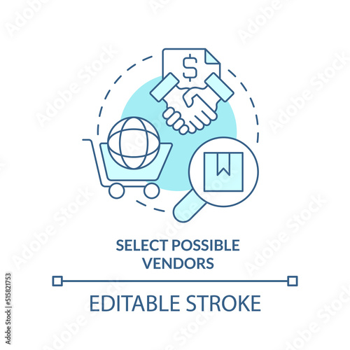 Select possible vendors turquoise concept icon. Procurement step abstract idea thin line illustration. Choosing suppliers. Isolated outline drawing. Editable stroke. Arial, Myriad Pro-Bold fonts used