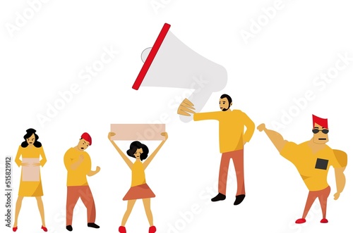 Vector illustration protesting people with posters and megaphone, parade, meeting, loudspeaker