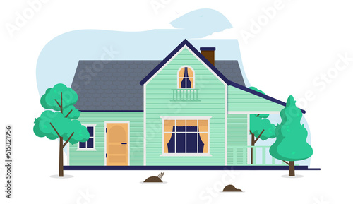 Flat design vector house illustration - Green residential small home with trees on white background