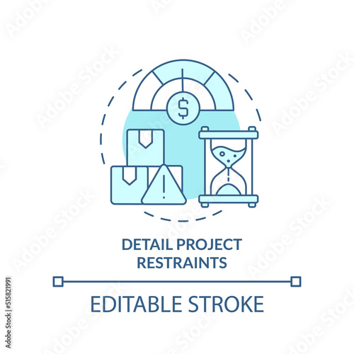 Detail project restraints turquoise concept icon. Step in purchasing process abstract idea thin line illustration. Isolated outline drawing. Editable stroke. Arial, Myriad Pro-Bold fonts used