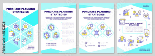 Purchase planning strategies cyan brochure template. Leaflet design with linear icons. Editable 4 vector layouts for presentation, annual reports. Arial-Black, Myriad Pro-Regular fonts used